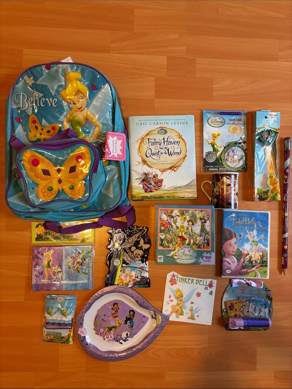 Tinker Bell Disney fairy lot, new believe backpack, book, puzzle, mug